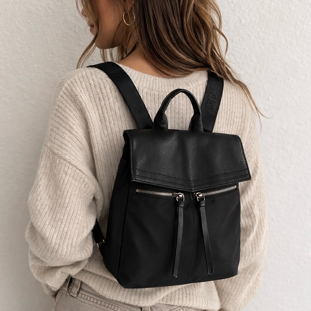 Botkier NYC Black Mini Backpack Nylon Logo Strap Small Backpack Minimalist
